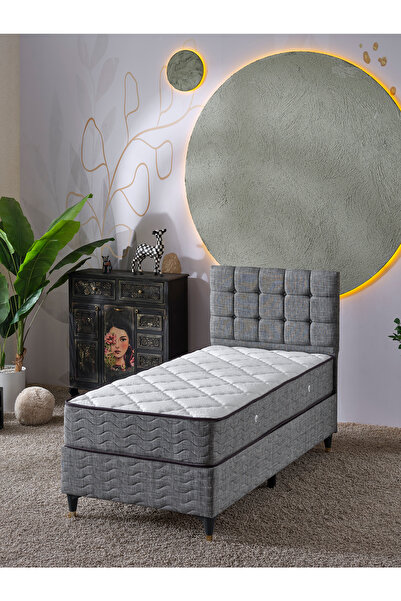 beehanem Bengü Ortopedik Başlık + Yatak + Baza Seti 100x200 Keten Gri Geniş T...