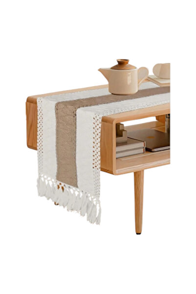 OEM Napron de masa crem/maro stil boho cu ciucuri 120*30cm