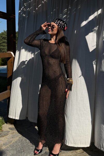 Laluvia Black Shiny Knitted Beach Dress - 7778