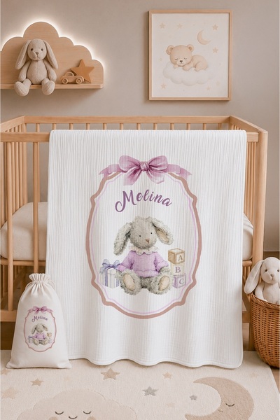 Astral Baby İsme Özel %100 Organik Pamuk 4 Kat Muslin Battaniye-Taşıma Keseli...