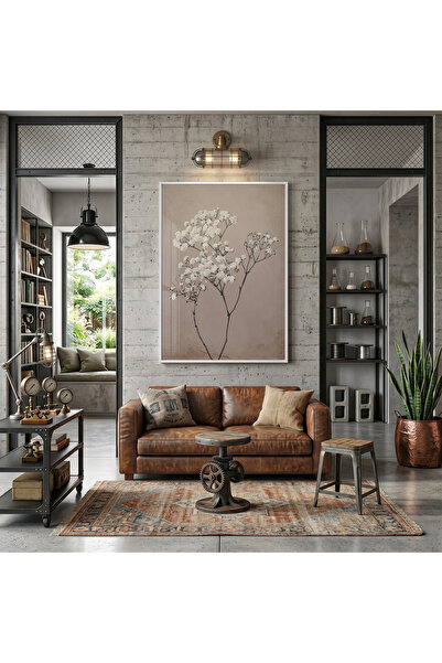 KOLAJTASARIM Flower Branch Powder Beige Tones Masă de sticlă cu cadru metalic...