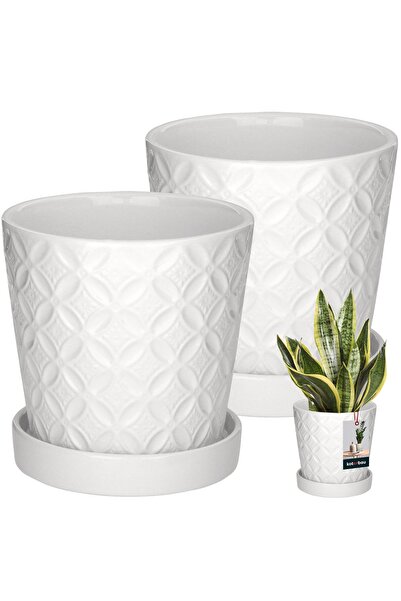KOTARBAU 2 buc. Ghiveci rotund alb de 13 cm, cu farfurioară, din ceramică gla...