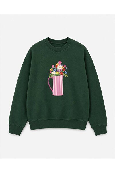 Birdirbir Kız Çocuk Çiçek Sürahi Baskılı Bisiklet Yaka Sweatshirt