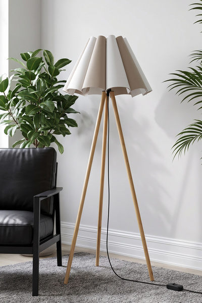Marrien Woody 3 Ayaklı Ahşap Tripod Flora Çift Renkli Şapkalı Lambader Salon ...