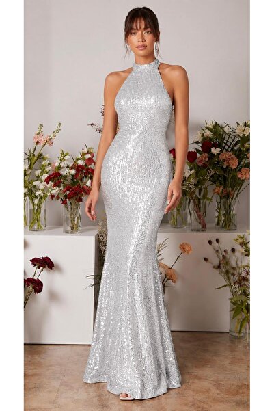 elissaa HALTER YAKA UZUN PUL PAYET ABİYE ELBİSE