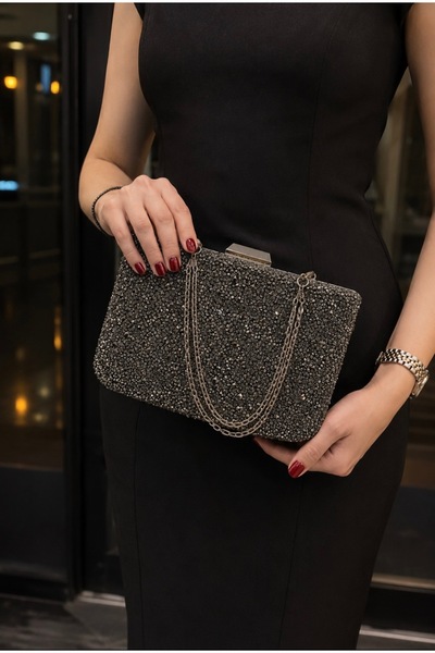 bykubraseven Taş İşlemeli Zincir Askılı Gece Davet Clutch Çanta
