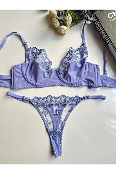 SUNDORA Iris Lila Dantel Sütyen Tanga Takım Transparan Seksi İç Giyim
