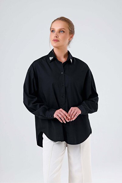 minaaise Black Poplin Oversize Shirt with Pearls on the Collar 27200