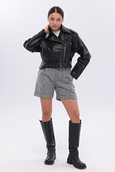 ELUVIA FASHION New Season Belted Oversize Cropped Leather Jacket, Zipper Deta...