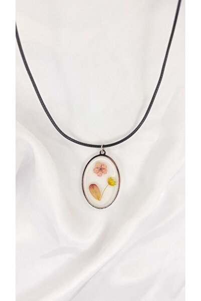 ÖZÇTAKI Natural Dried Flower Epoxy Pendant Oval Design Transparent Women's Ne...