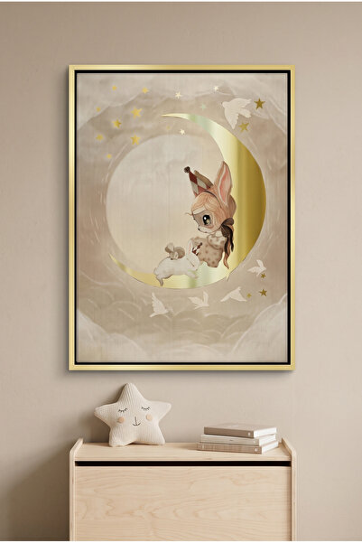 Jasmine Art Gold Moon Bunny Kids Wall Art | Portrait Framed Canvas Print with...