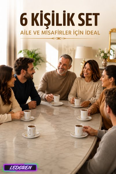 L'eDoren 6-Person Ceramic Coffee Cup Set with Round Presentation Plate Porcelain Turkish Coffee Cup Set