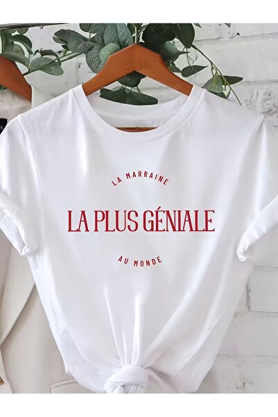 01THEONE French "LA MARRAINE LA PLUS GÉNIALE AU MONDE" Printed Women's Round-...