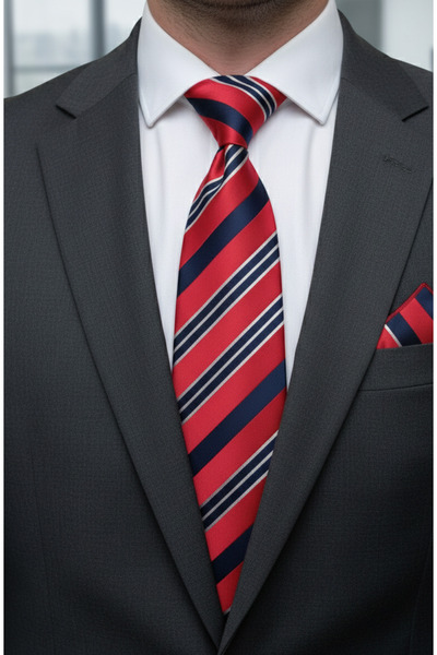 Empressco Classic Men's Tie with Red Patterned Handkerchief, Stylish and Eleg...