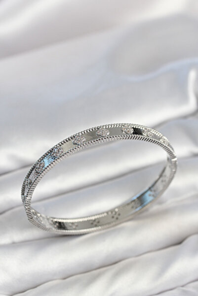 OGHAMAY Silver Color Brass Clover Model Zircon Stone Women's Cuff Bracelet