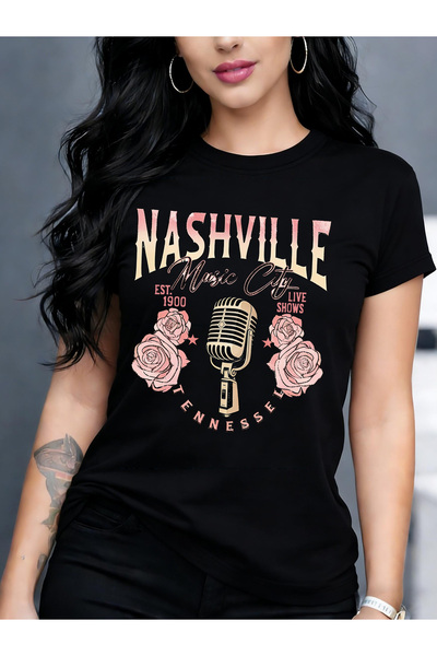 Astogria13 NASHVILLE Music City Graphic Print T-shirt, Short Sleeve Crew Neck...