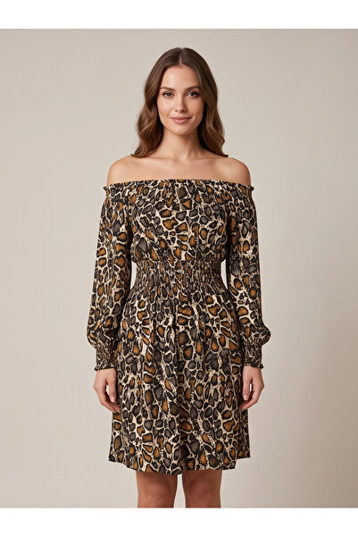 gökçesu Women's Carmen Collar Long Sleeve Elastic Waist Mini Dress