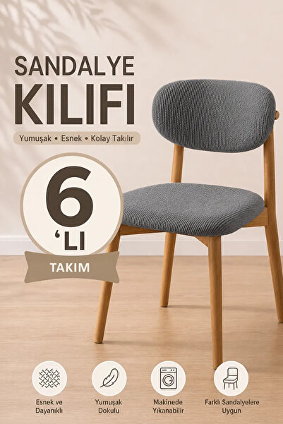 Softlife 6'lı Bohem Sandalye Kılıfı - K.Gri, Welsoft Esnek Lastikli Yıkanabil...