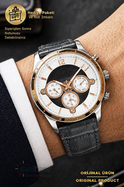 Saathane Original Dark Gray Leather Strap Functions Active Steel Case Busines...