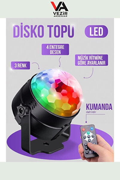 Vezir Aksesuar RGB LED Disko Topu | Kumandalı, Sese Duyarlı, 360° Dönen Parti...