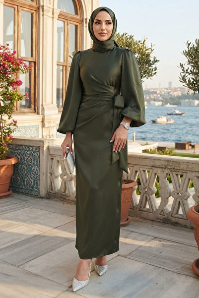 Neva Style Drapeli Haki Saten Tesettür Elbise 63012HK