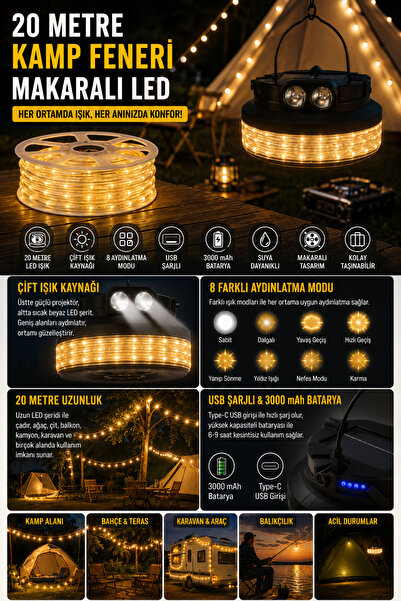 EyluX Shop CAMPING 20 Metre Solar Led Şeritli Makaralı Kamp Lambası - Gün Işı...