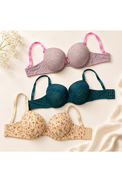 MADE Women's Padded Multi-Colored Bra Set, 3 Pieces, Size 54