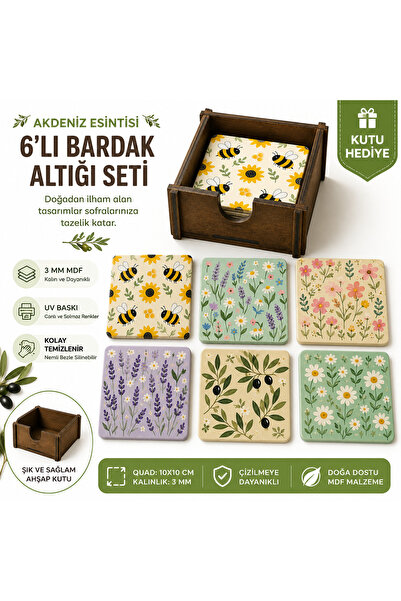 kids town WoodTown Akdeniz Esintisi 6'lı MDF Bardak Altlığı Seti – Ahşap Kutu...