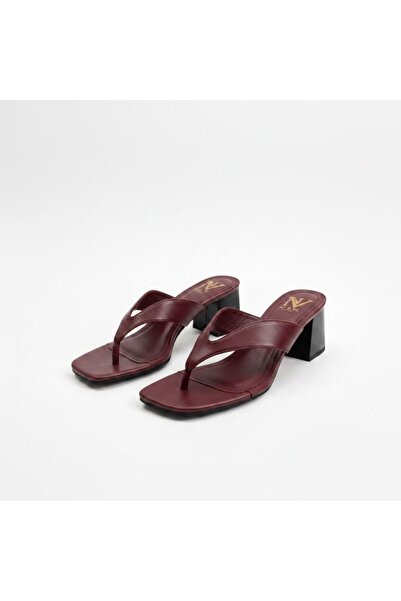NE&VE SHOES Γυναικείες δερμάτινες σαγιονάρες μπορντό με χοντρό τακούνι