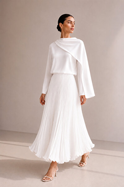 Zühre Elastic Waist Pleated Ecru Skirt 0245