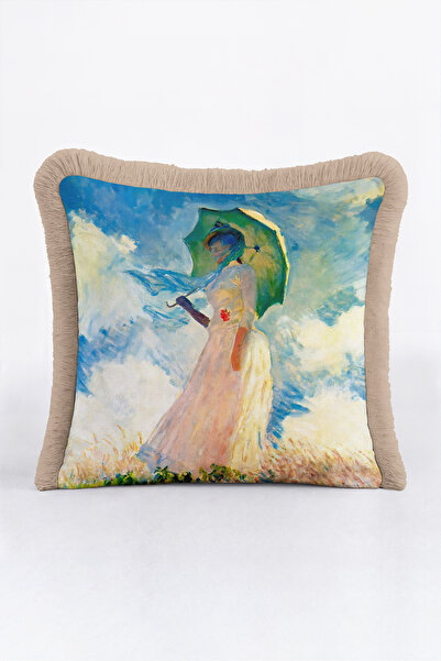 Evimde Bambaşka Women's Oil Painting Patterned Fringed Pillowcase with Umbrel...
