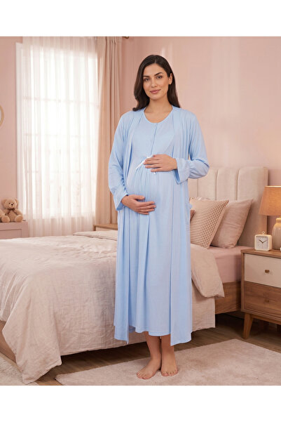 JENİKA Blue Dressing Gown Maternity and Postpartum Nightgown Set, Buttoned, S...