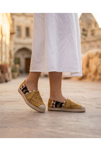 futsi shoes VIOLA Sarı Hakiki Deri Kilim Desenli Kadın Etnik Desen Espadril A...