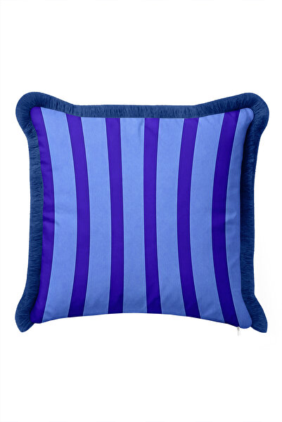Evimde Bambaşka Striped Geometric Decorative Fringed Pillow Cover - Marine Bl...