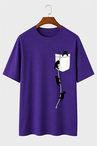VODEXA Unisex Oversize T-Shirt με στάμπα γάτες, 100% βαμβακερό μπλουζάκι, άνε...