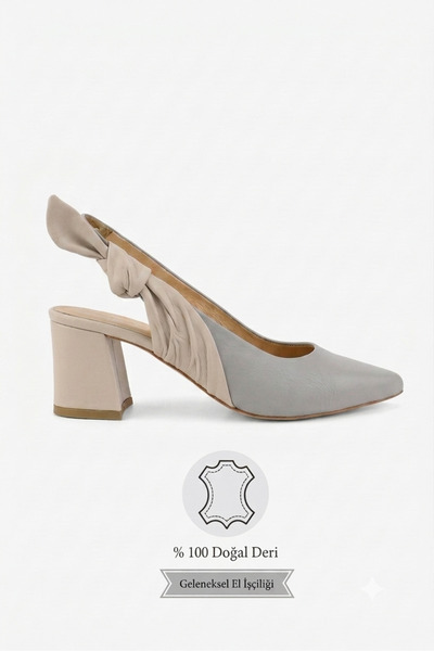 TUNAELLİ Women's Gray Beige Genuine Leather Shoes with Open Back Heels, Size ...