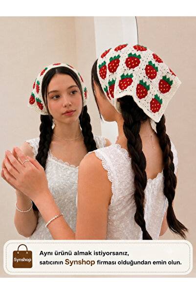 synshop Strawberry Cream Red Knitted Triangle Bandana Alaçatı Hair Band Women...