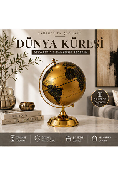 Evdeki Mağaza 28x20cm EVDEKİ CONCEPT Dekoratif Dünya Küresi Gold Siyah Metal ...
