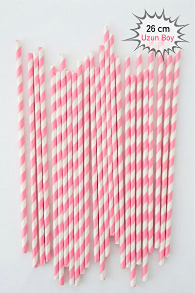 parti pera Uzun Boy Pembe Beyaz Çizgili Kağıt Pipet 25 Adet 26 cm
