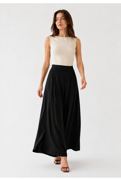 Warasiva Women's Black 100% Tencel Elastic Waist Double Pocket Skirt-Looking Pants
