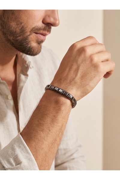 Parmas Design Men's Bracelet with Square Hematite Natural Stone, Steel Rope a...