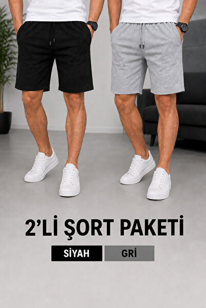 BRACCİX Erkek Yazlık Spor Şort 2’li Set Siyah Gri Konfor Kalıp Terletmez