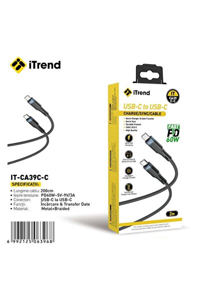 itrend Cablu USB-C la USB-C iTrend, 2 m, Încărcare Rapidă PD 60W, Material Te...
