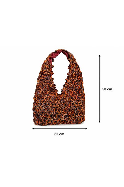 Nafta El Yapımı Çiçek Motifli Örgü Kadın Omuz Çantası | Astarlı | Bohem Tasarım | 50x35 cm