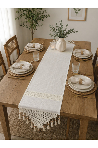 Sister Home Design Bohem Dantel Detaylı Makrome Uçlu Beyaz Runner 50x170 cm |...