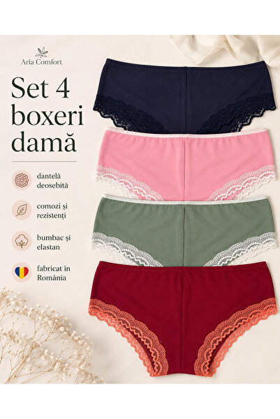 Aria Comfort Set 4 Boxeri Damă cu Dantelă – Bumbac, (Bleumarin, Roz, Verde, R...