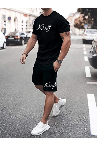 Boi King Text T-Shirt Shorts Koboistdin Set - Black Printed Oversize Crew Neck