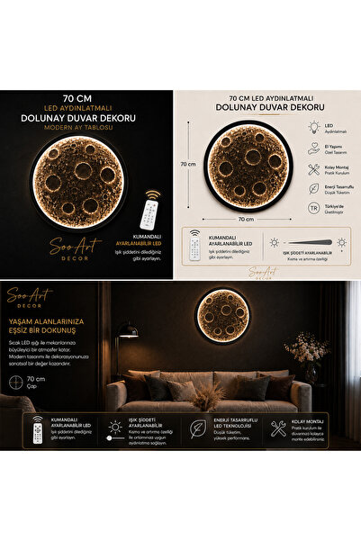 Soo Art 70 cm LED Aydınlatmalı Dolunay Duvar Dekoru - Modern Ay Tablosu