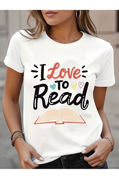NOURAM تي شيرت نسائي كاجوال برقبة دائرية بطبعة "I Love to Read"، قماش قطني، أ...