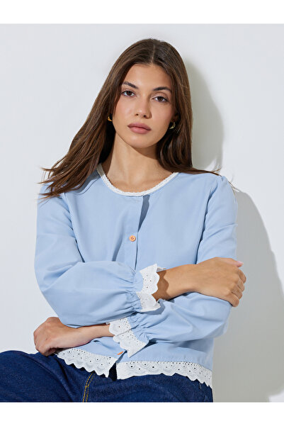 Styli Blue Lace Trim Button Front Blouse